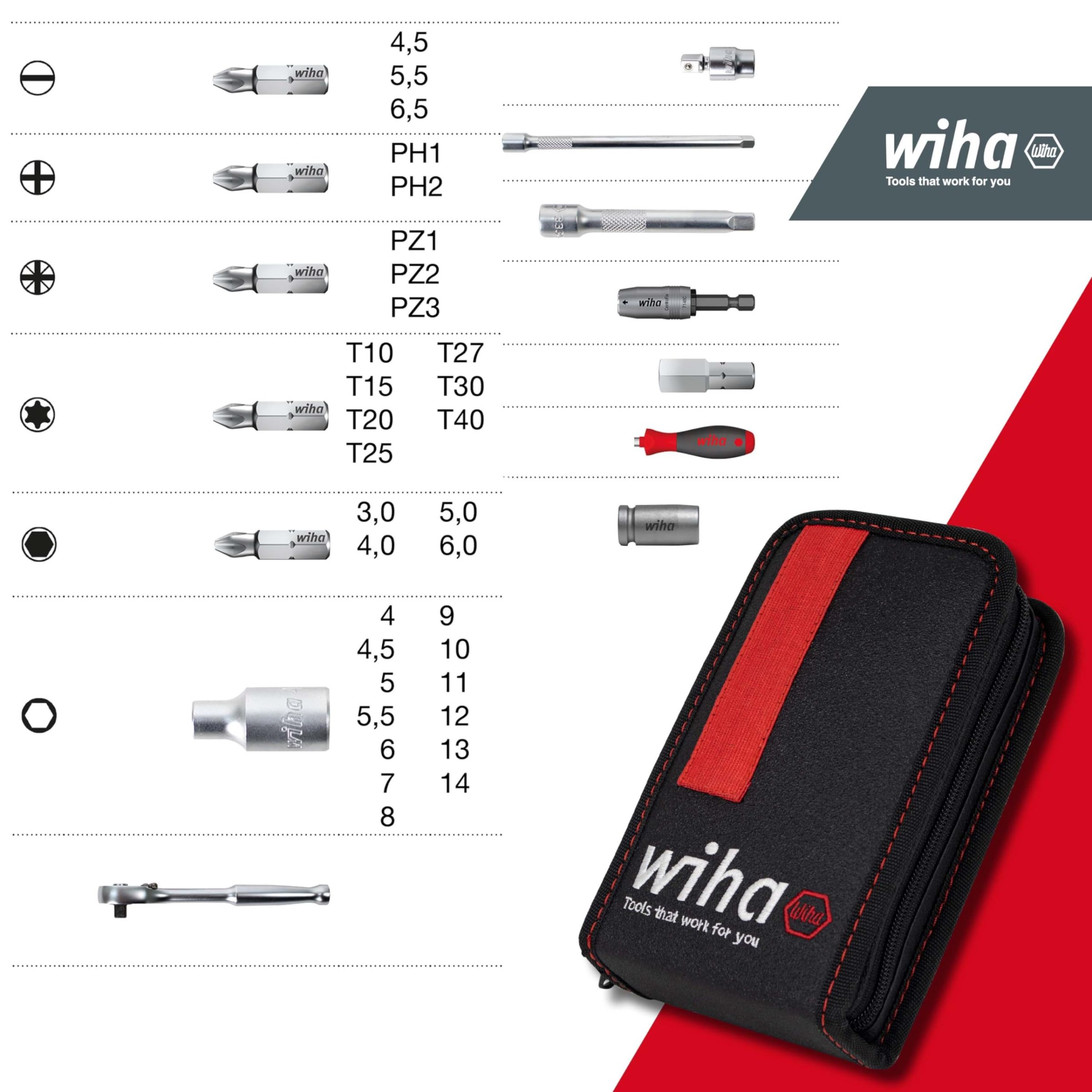 Գլխիկների և բիթերի հավաքածու Wiha 1/4", 41 հատ, ռեզինե ամրակով տուփով (44684) 2